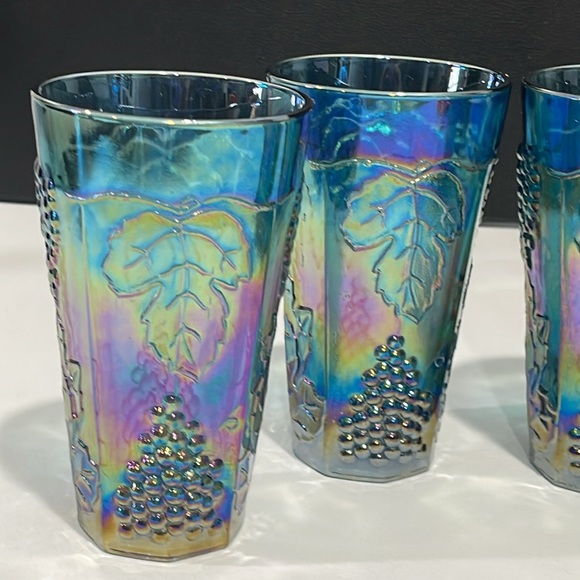 Indiana Glass Iridescent Blue Carnival Harvest Grape Tumblers Vintage Set of 4 - Picture 2 of 14